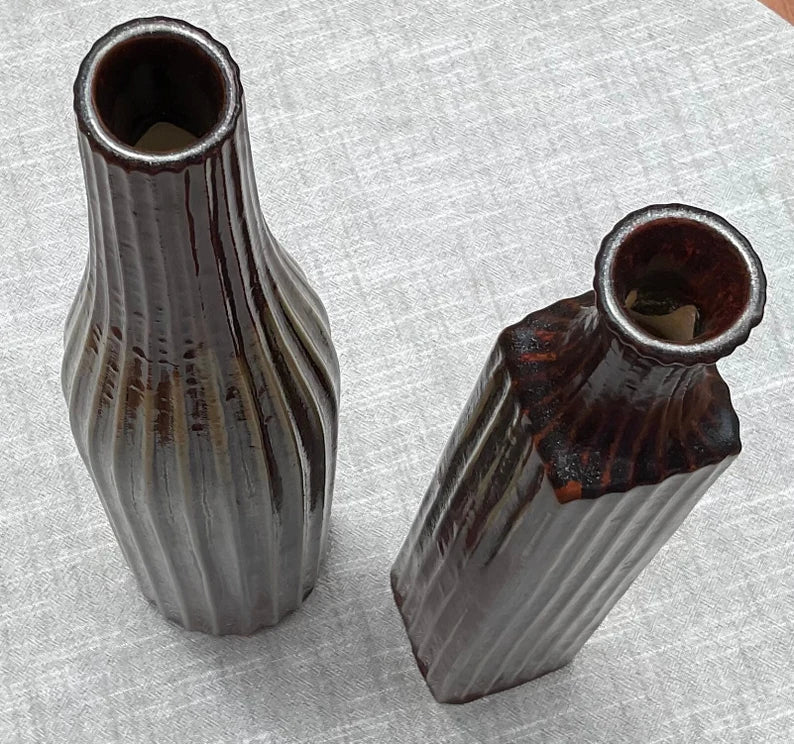 Pair of Vintage Tall Elegant Italian Glazed Ceramic Stoneware Tessuto Vases