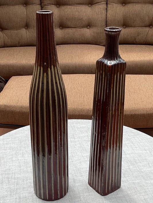 Pair of Vintage Tall Elegant Italian Glazed Ceramic Stoneware Tessuto Vases