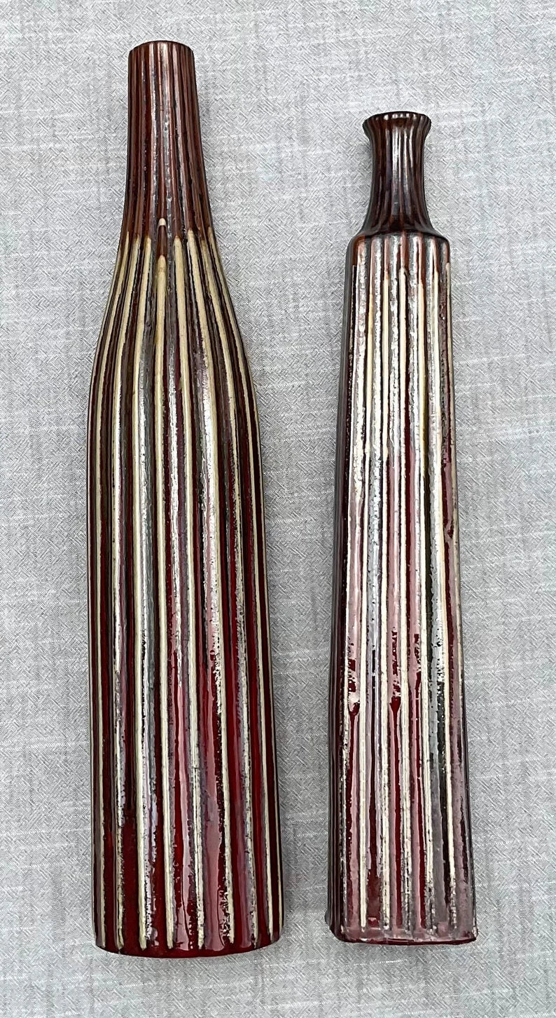 Pair of Vintage Tall Elegant Italian Glazed Ceramic Stoneware Tessuto Vases